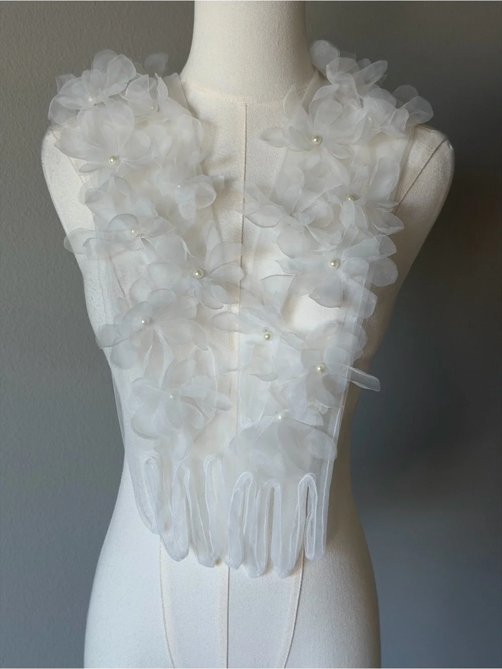 Sheer White Floral Mesh Gloves with Faux Pearl Accents